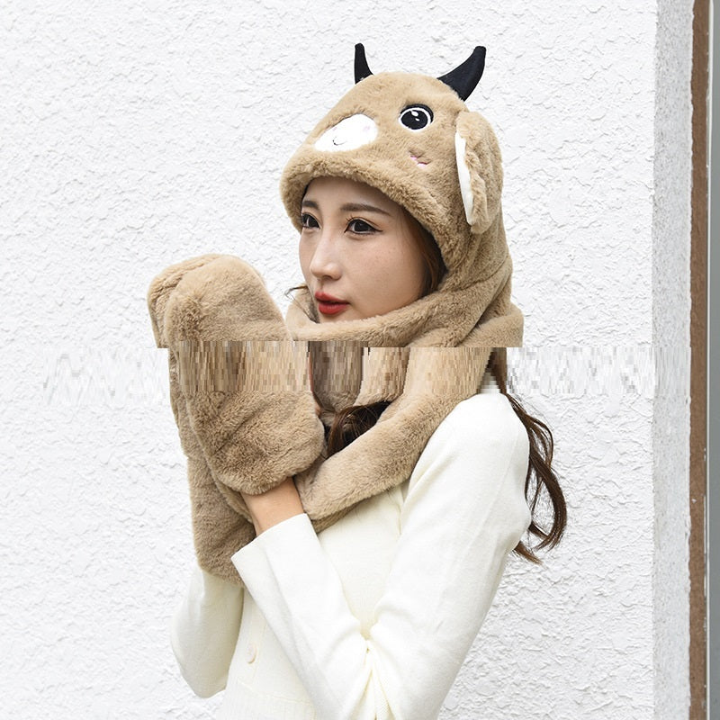 Plush Gloves, Scarf And Hat Three-Piece Set