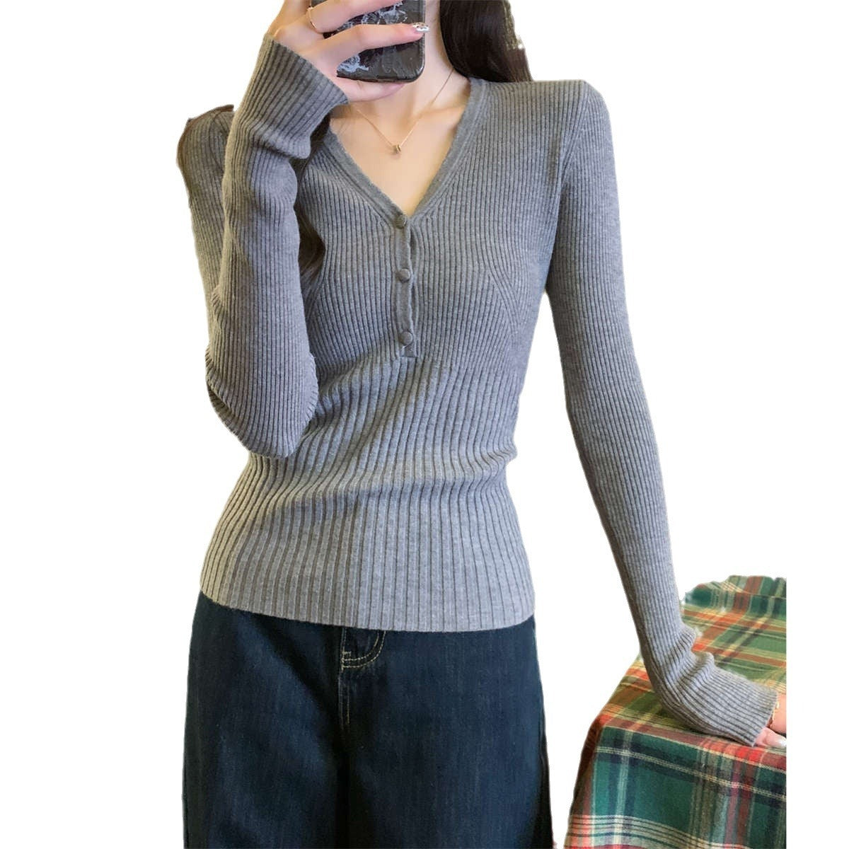 Waist-Tight V-Neck Long-Sleeved Sweater