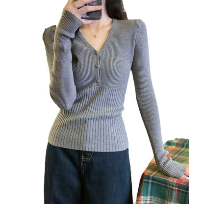 Waist-Tight V-Neck Long-Sleeved Sweater