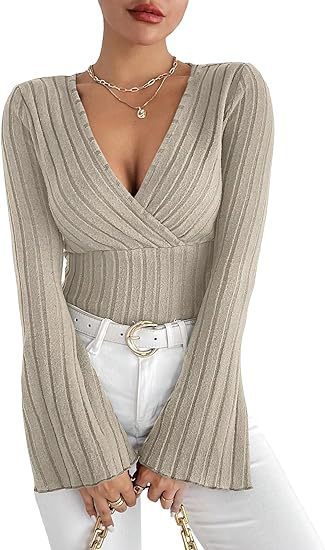 Flared Stripe V-Neck Long Sleeve Top