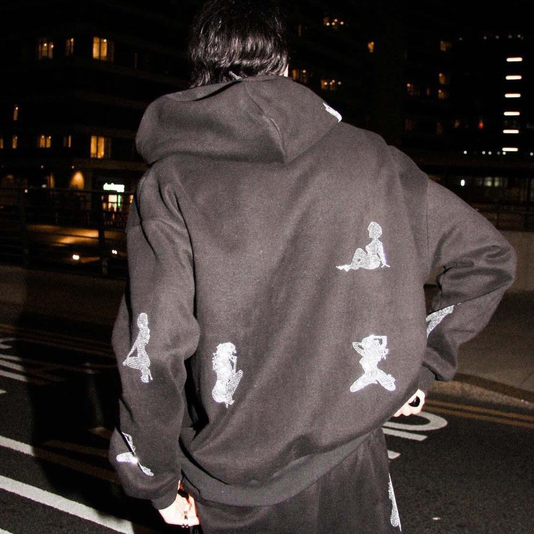 Stylish Rhinestone- Pattern Hoodie Set