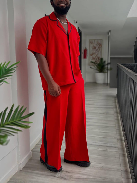 Red Short-Sleeve Shirt & Wide-Leg Pants Set With Black Trim