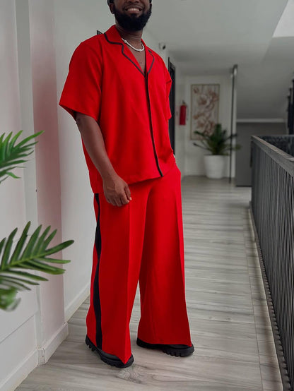Red Short-Sleeve Shirt & Wide-Leg Pants Set With Black Trim