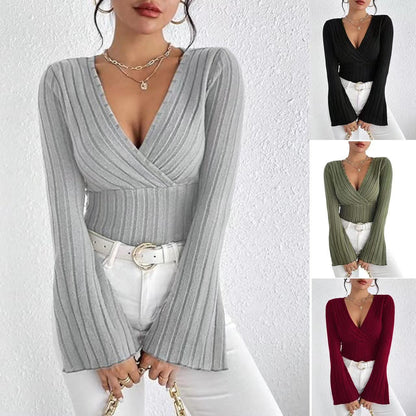 Flared Stripe V-Neck Long Sleeve Top
