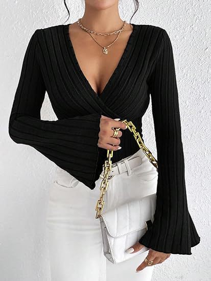 Flared Stripe V-Neck Long Sleeve Top
