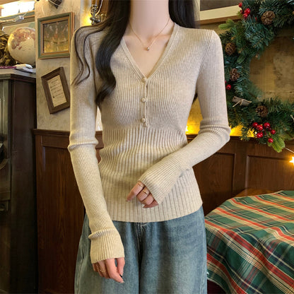Waist-Tight V-Neck Long-Sleeved Sweater