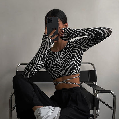 Zebra Style Striped Print Lace-up Short Top