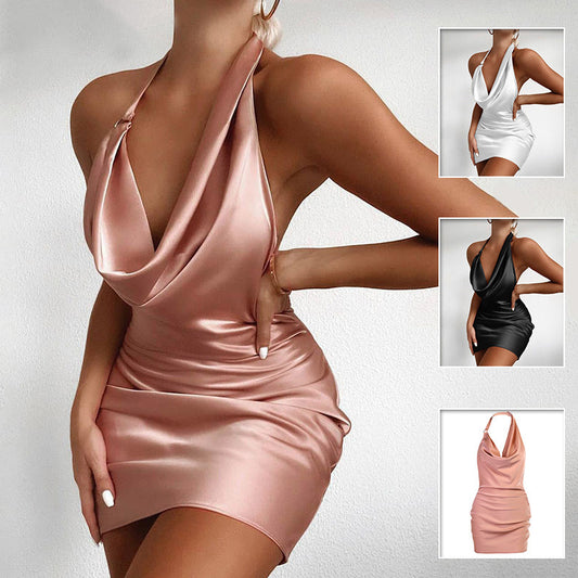 Satin V-Neck Backless Mini Sleeveless Dress