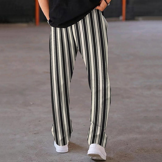 Stripe Printing Wide Drawstring Straight-Leg Trousers