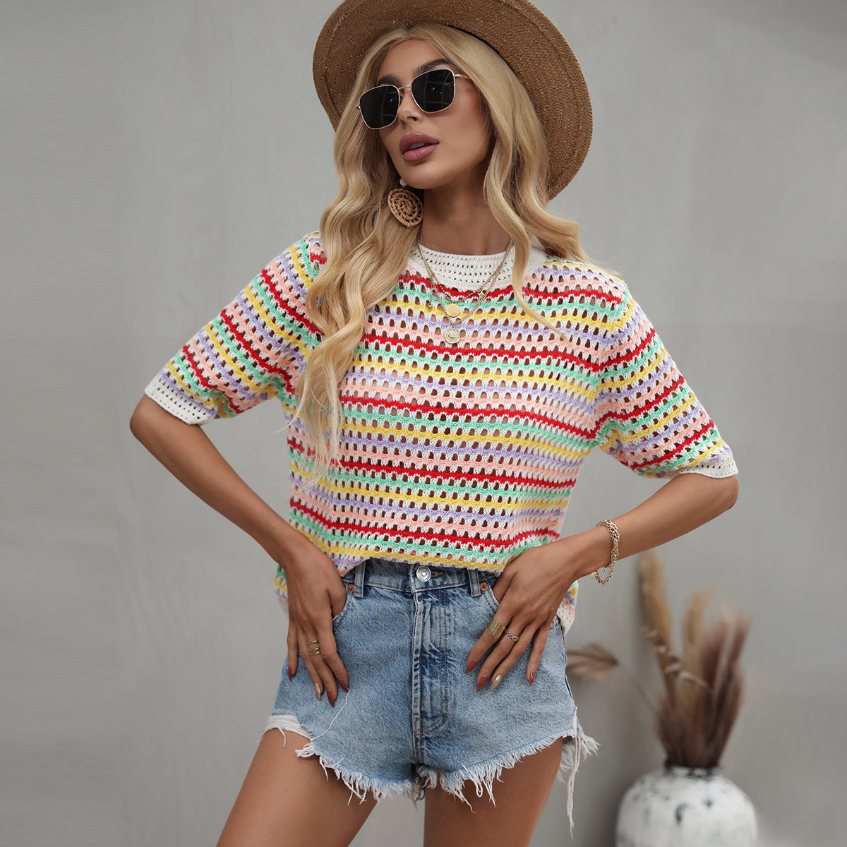 Hollow Knitted Round Neck Striped Sweater