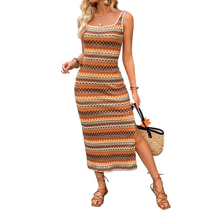 Sleeveless Split Jacquard Geometric Stripes Dress