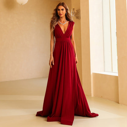 Red Deep V-neck Banquet Evening Dress