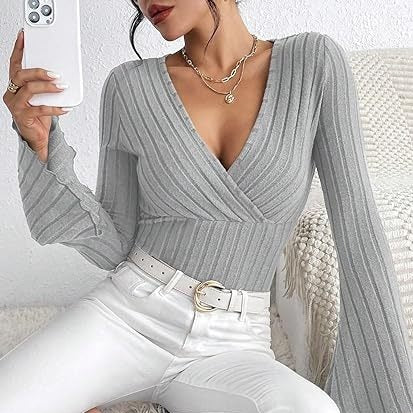 Flared Stripe V-Neck Long Sleeve Top