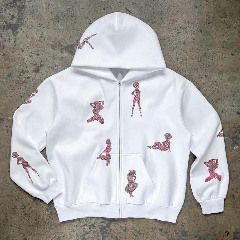 Stylish Rhinestone- Pattern Hoodie Set