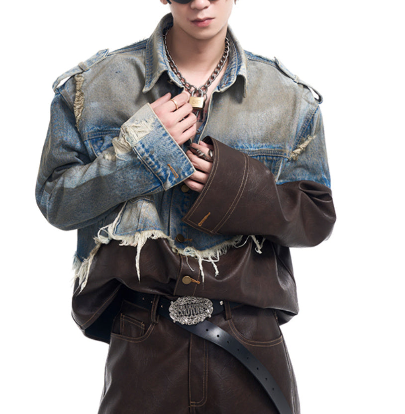 Leather Patchwork Destroyed Denim Dirty Jacket