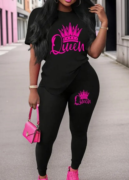 Queen Printed Round Neck T-Shirt And Leggings Set