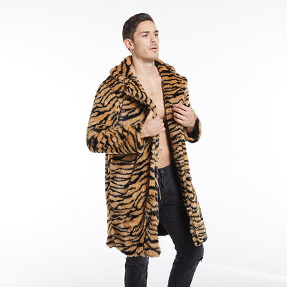 Men's Faux Fur Coat Tiger Pattern Long-Cut