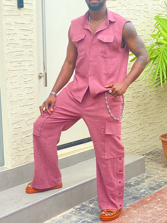 Sleeveless Button-Up Shirt And Cargo Pants Set