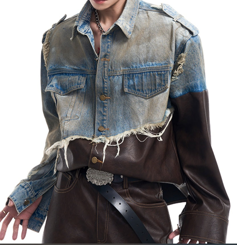 Leather Patchwork Destroyed Denim Dirty Jacket