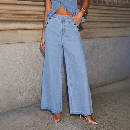 Denim Vest & Leg Straight Trousers Set