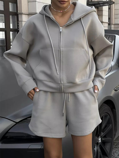 Hooded Large Pocket Sweatshirt & Shorts Two-piece Suit