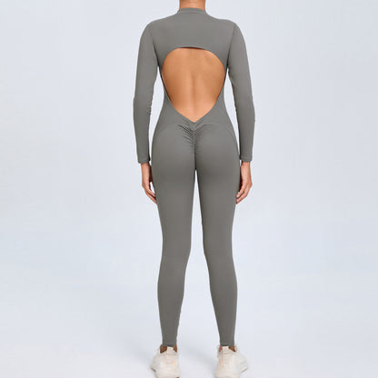 Backless Long-Sleeve Zipper One-Piece