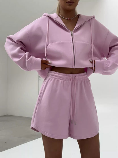 Hooded Large Pocket Sweatshirt & Shorts Two-piece Suit