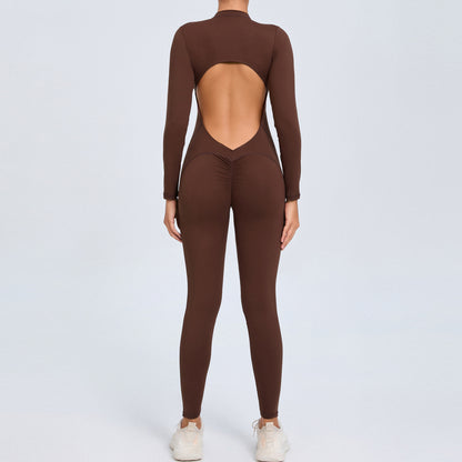 Backless Long-Sleeve Zipper One-Piece