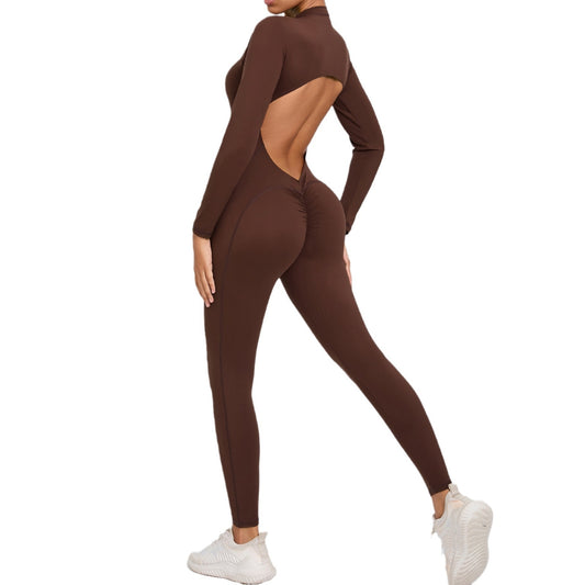 Backless Long-Sleeve Zipper One-Piece