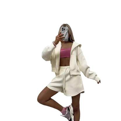 Hooded Large Pocket Sweatshirt & Shorts Two-piece Suit