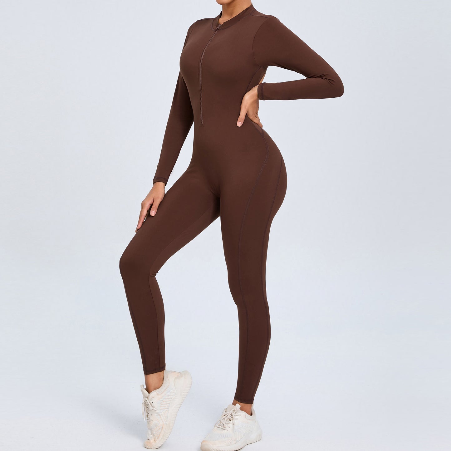Backless Long-Sleeve Zipper One-Piece