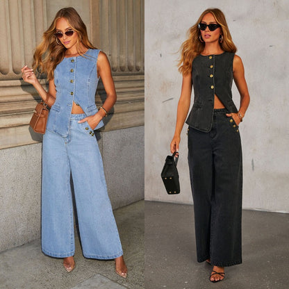 Denim Vest & Leg Straight Trousers Set