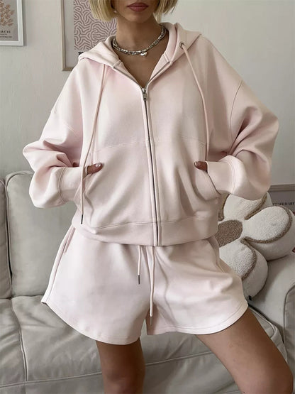 Hooded Large Pocket Sweatshirt & Shorts Two-piece Suit