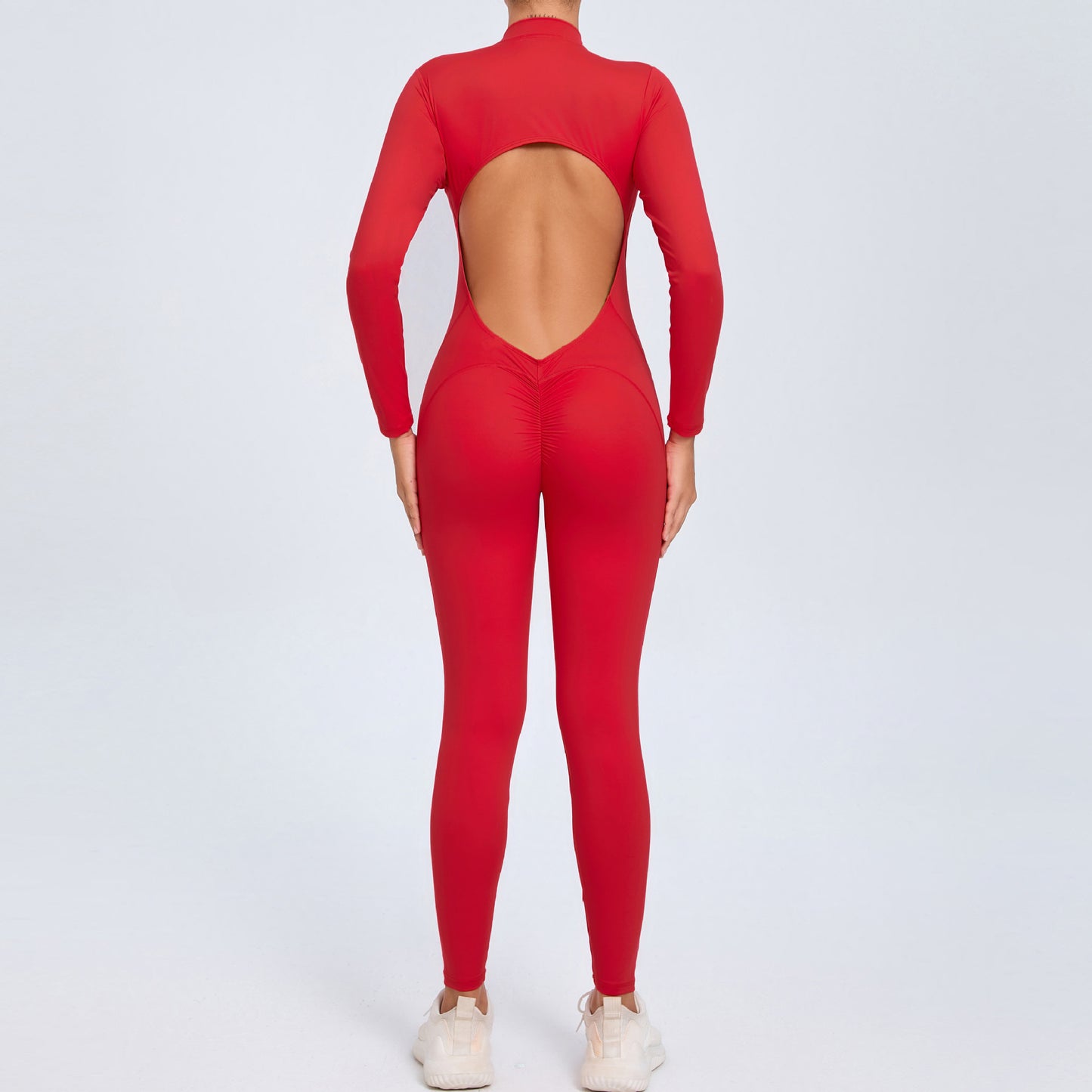 Backless Long-Sleeve Zipper One-Piece