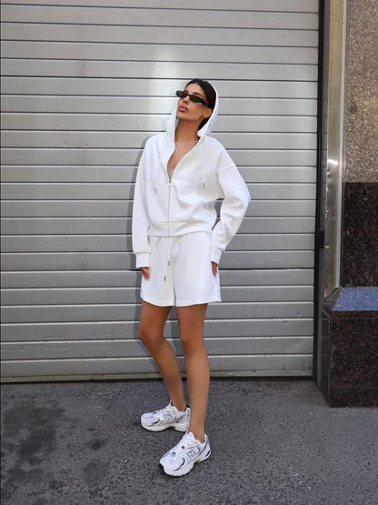 Hooded Large Pocket Sweatshirt & Shorts Two-piece Suit