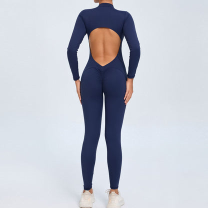 Backless Long-Sleeve Zipper One-Piece