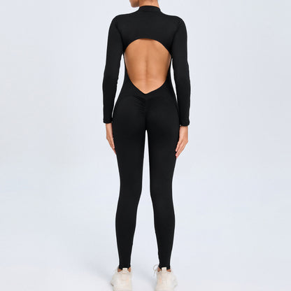 Backless Long-Sleeve Zipper One-Piece