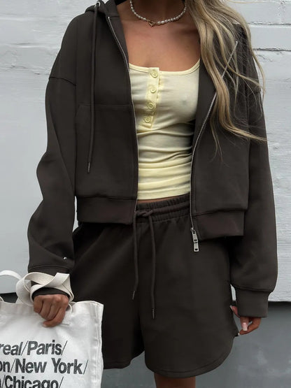 Hooded Large Pocket Sweatshirt & Shorts Two-piece Suit