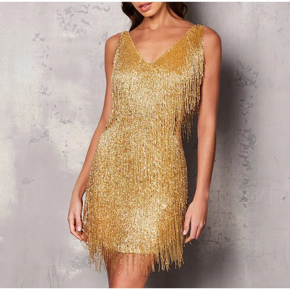 Tassel-Sequins Feather Mini Dress