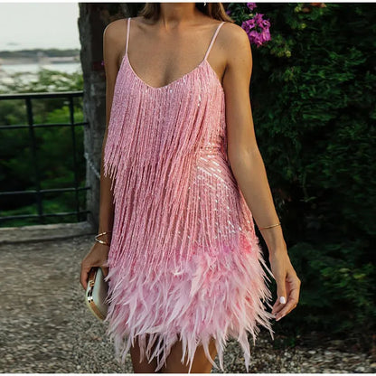 Tassel-Sequins Feather Mini Dress