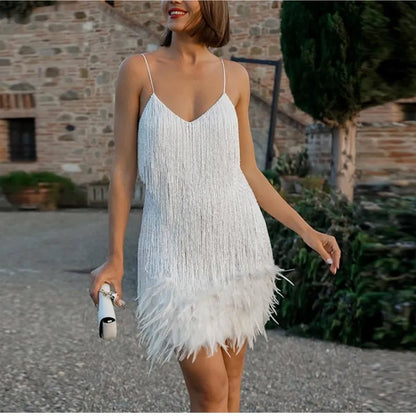 Tassel-Sequins Feather Mini Dress