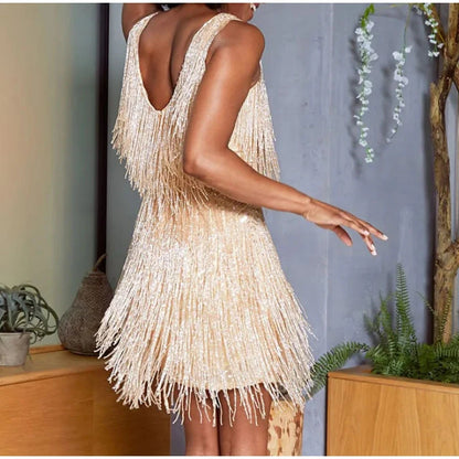 Tassel-Sequins Feather Mini Dress