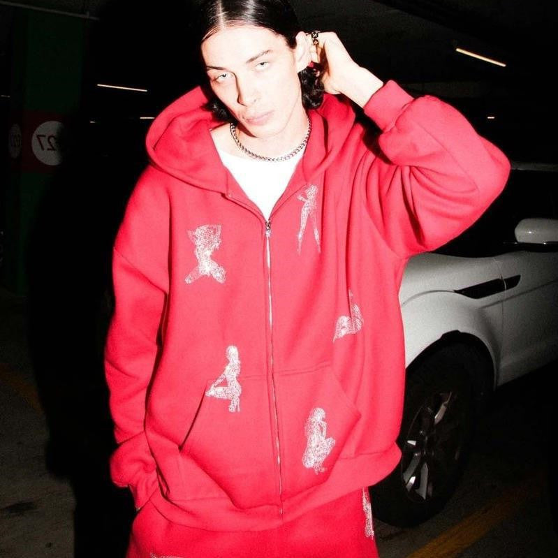 Stylish Rhinestone- Pattern Hoodie Set