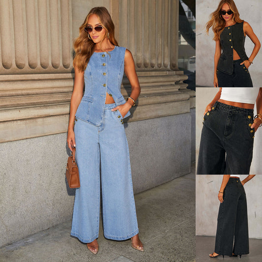 Denim Vest & Leg Straight Trousers Set