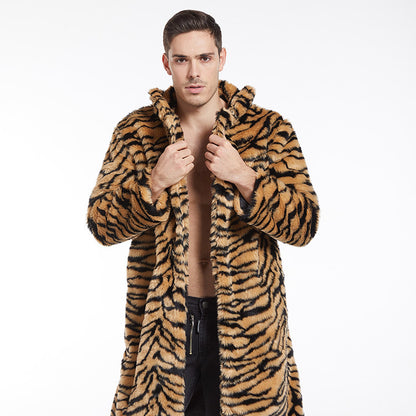 Men's Faux Fur Coat Tiger Pattern Long-Cut