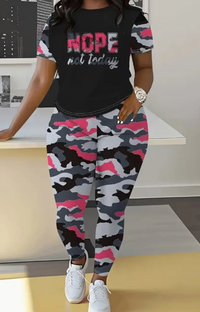 Nope Print Round Neck T-Shirt & Leggings Set