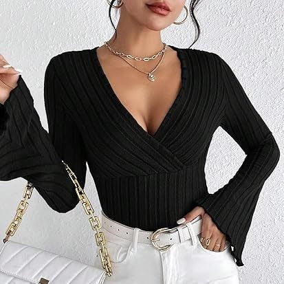 Flared Stripe V-Neck Long Sleeve Top