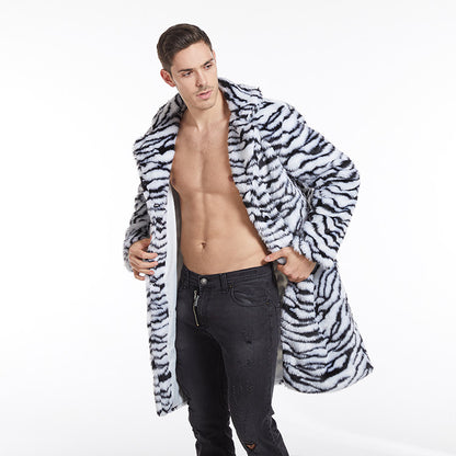 Men's Faux Fur Coat Tiger Pattern Long-Cut