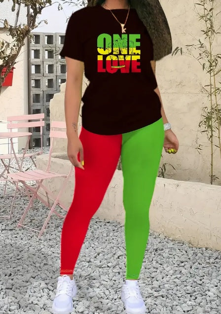 One Love Printed Round Neck T-Shirt And Leggings Set