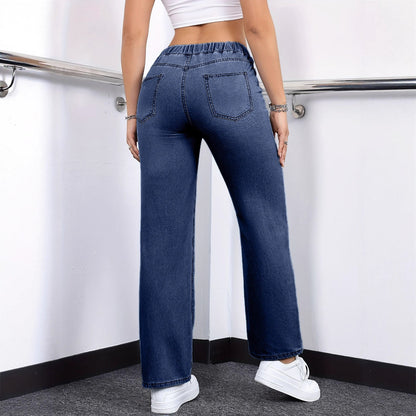 Oversized Elastic Waistband Plain Washed Blue Pants